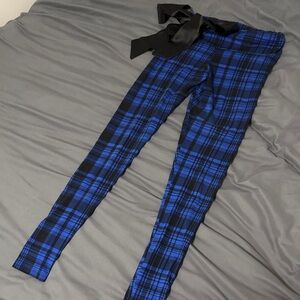 Cute Booty Lounge Black and Blue Plaid Leggings with Satin Bow